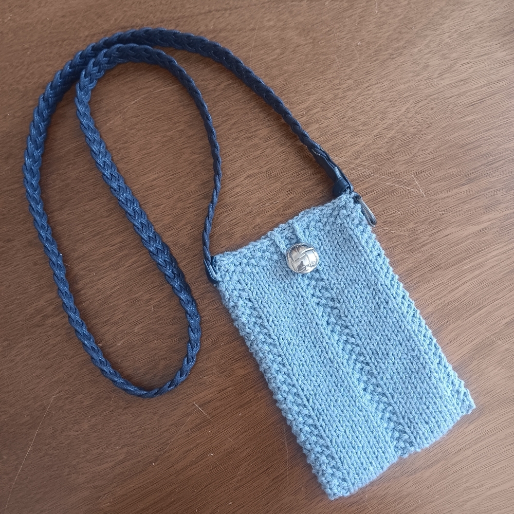 Hand Crafted Handknit Chambray Blue Cotton Crossbody / Shoulder Cell Phone Bag